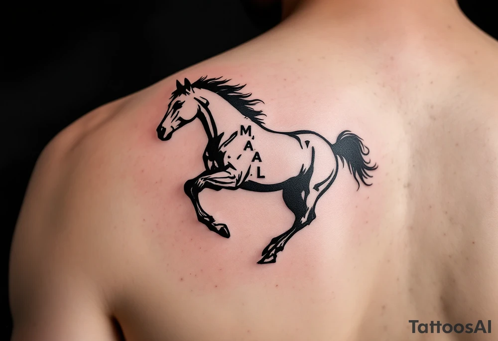 horse silhouette 
from the front which gallops from the front, with the 3 small letters discreetly integrated: M, A, L tattoo idea
