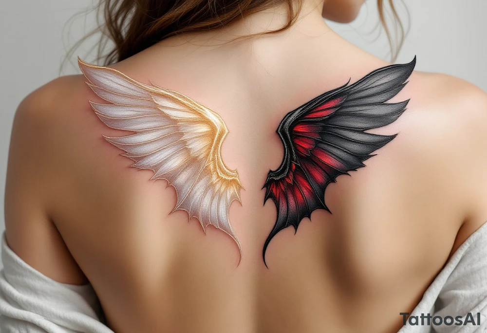 A pair of wings split down the middle—one side an angelic white feathered wing, glowing with soft golden hues, and the other a dark bat-like wing, with deep black and red undertones. The two halves merge at the center, representing the balance of light and darkness. tattoo idea