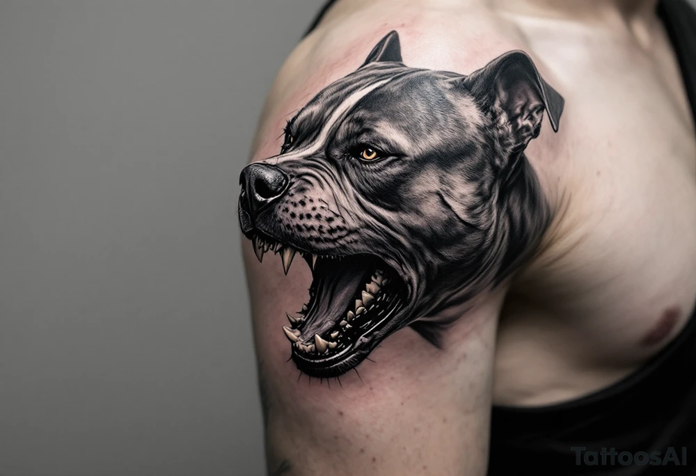 Realistic pitbull mid-snarl, in black and white with high contrast shading, mouth open, teeth bared, symbolizing power and protection. tattoo idea