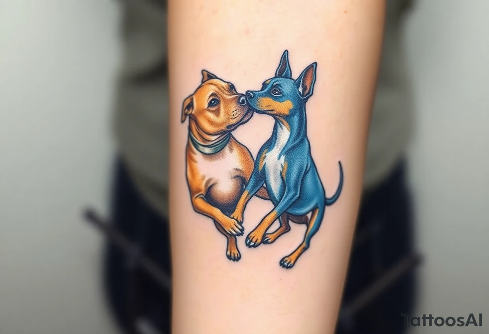 a tan pitbull and a blue heeler dogs playing together tattoo idea