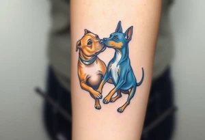 a tan pitbull and a blue heeler dogs playing together tattoo idea