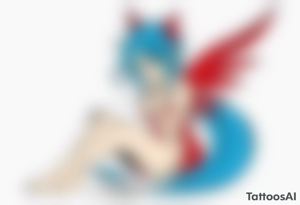 A fairy with a tail inspired by the logo of the show called Fairy Tail in a fetal position leaning in tattoo idea