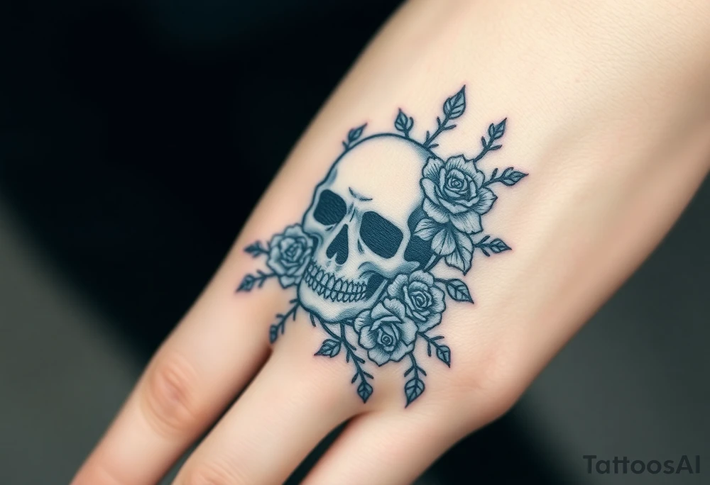 gothic skull intertwined with climbing roses and thorny vines tattoo idea