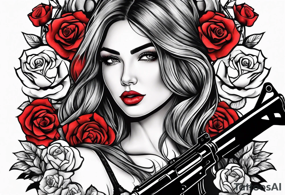 Beautiful woman angle holding a AK 47 surrounded by roses tattoo idea