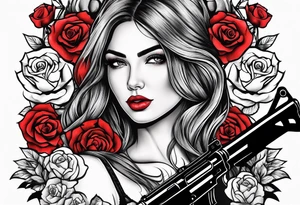 Beautiful woman angle holding a AK 47 surrounded by roses tattoo idea