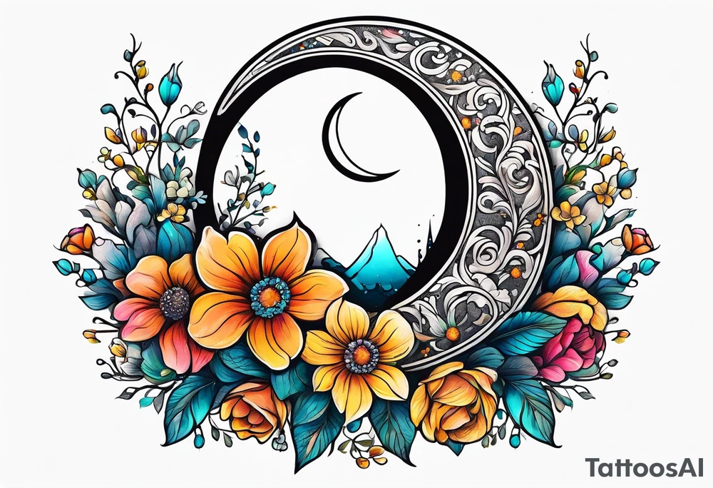 Crescent moon shrouded in pretty flowers tattoo idea