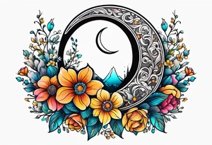 Crescent moon shrouded in pretty flowers tattoo idea