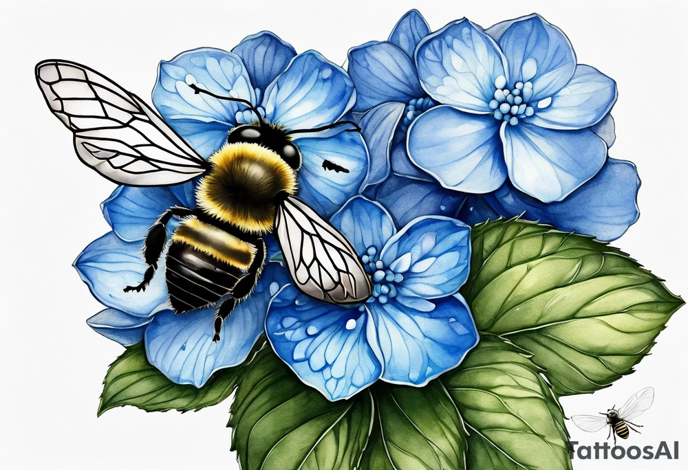 3 in by 2 in minimalist tattoo for forearm of a blue Hydrangea and a very small bee. tattoo idea