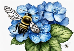 3 in by 2 in minimalist tattoo for forearm of a blue Hydrangea and a very small bee. tattoo idea