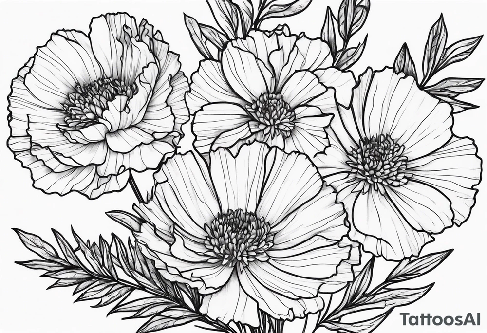Top view flower arrangement of a carnation aster and violet tattoo idea