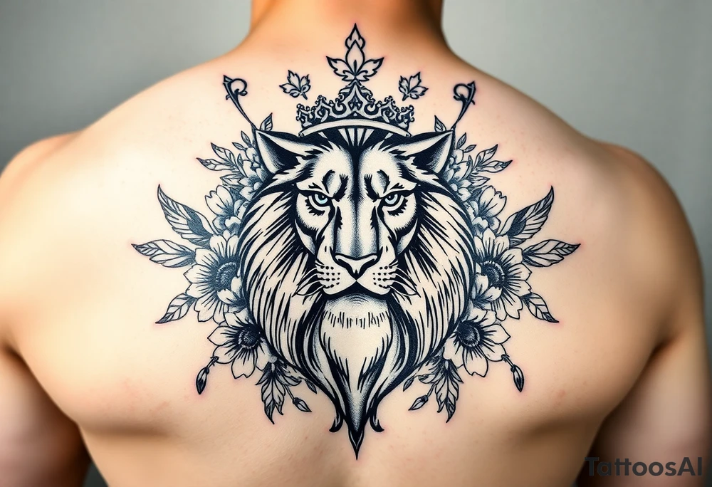 powerful majestic lion with a crown, surrounded by floral ornaments and birds tattoo idea