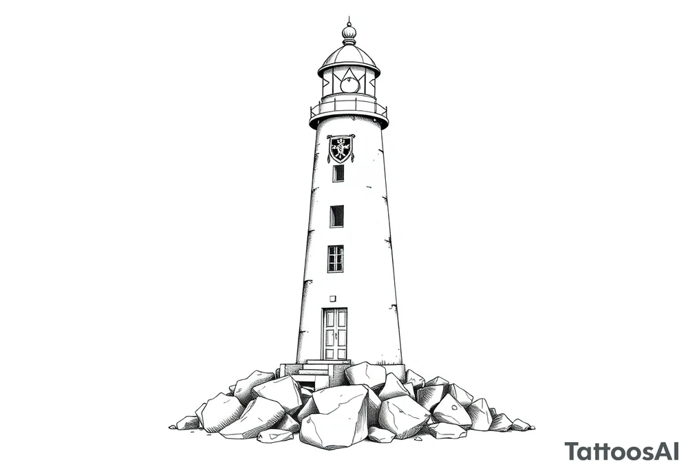 a whole lighthouse with a coat of arms incorporated into the roof without stones on the ground tattoo idea