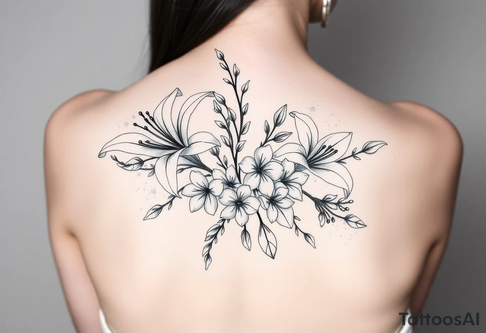 lilies with cherry blossoms and spider plant in a floral wrap on the arm tattoo idea