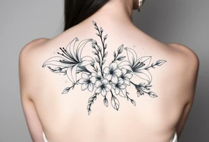 lilies with cherry blossoms and spider plant in a floral wrap on the arm tattoo idea