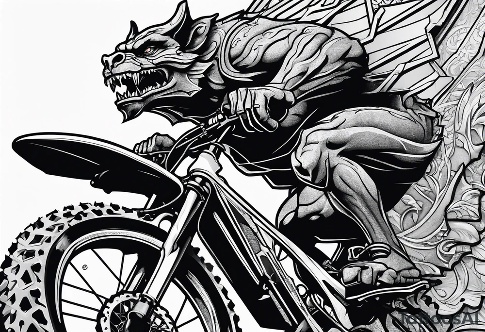 gargoyle riding a full suspension mountain bike with a shadow no background tattoo idea