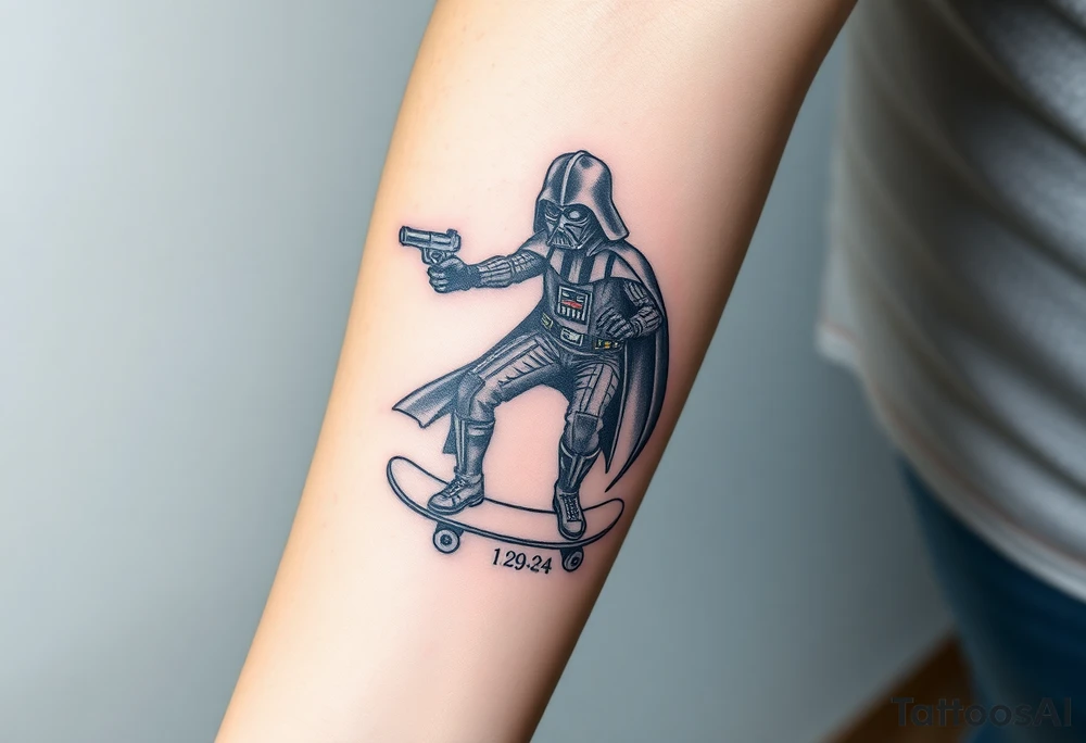 Darth Vader skateboarding with gun> bullets > memorial > god > colors > futuristic/space/star wars
add name "Darth Carter" on skateboard
add date 12/29/88-01/06/24 tattoo idea