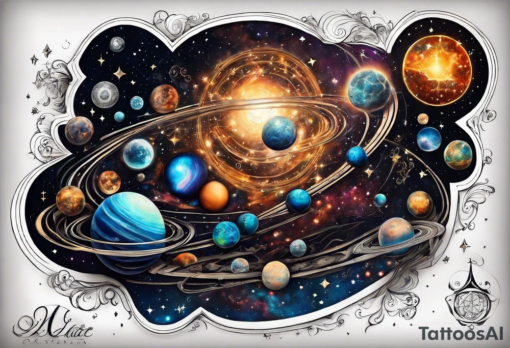 A tattoo featuring a cosmic scene with planets, black holes, and supernovae intertwined with intricate linguistic symbols, reflecting the client's interests in cosmology and linguistics. tattoo idea