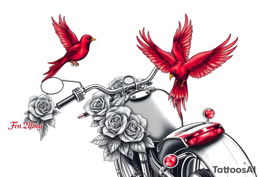 Motorcycle driving away, two red birds flying, roses and lace, flames tattoo idea