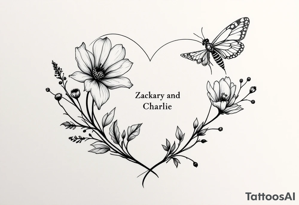 Flowers, heart and buttherfly with name Zackary and Charlie tattoo idea