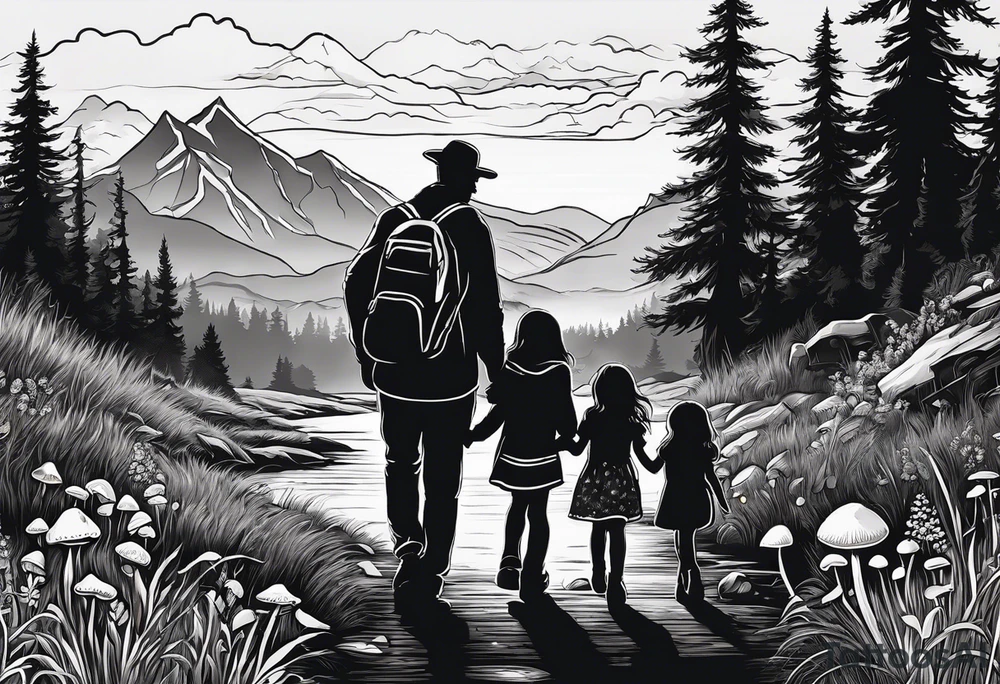 Family silhouette of a father, a mother, oldest son, middle daughter, and small daughter foraging mushrooms with mountains and creek in background tattoo idea