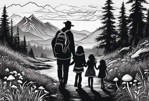 Family silhouette of a father, a mother, oldest son, middle daughter, and small daughter foraging mushrooms with mountains and creek in background tattoo idea