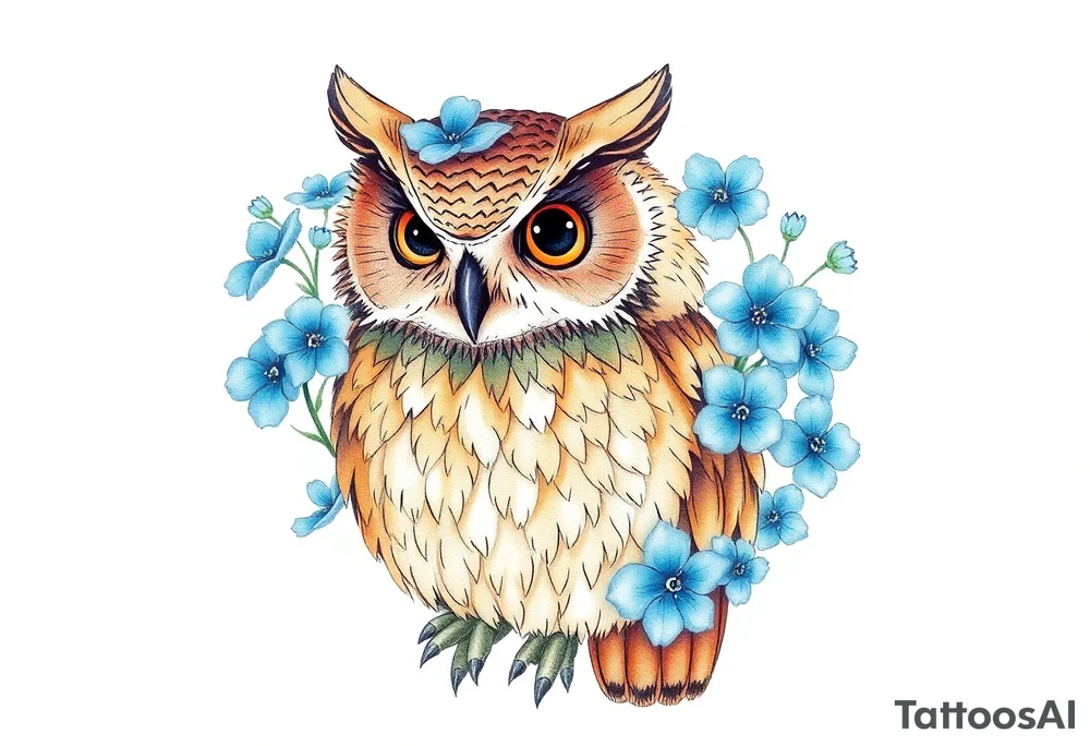An owl outlined by blue forget me not flowers tattoo idea