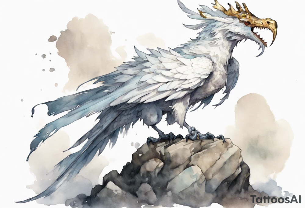 a white bird-wyvern hybrid, wearing a plain iron crown on head, perched on a stone tattoo idea