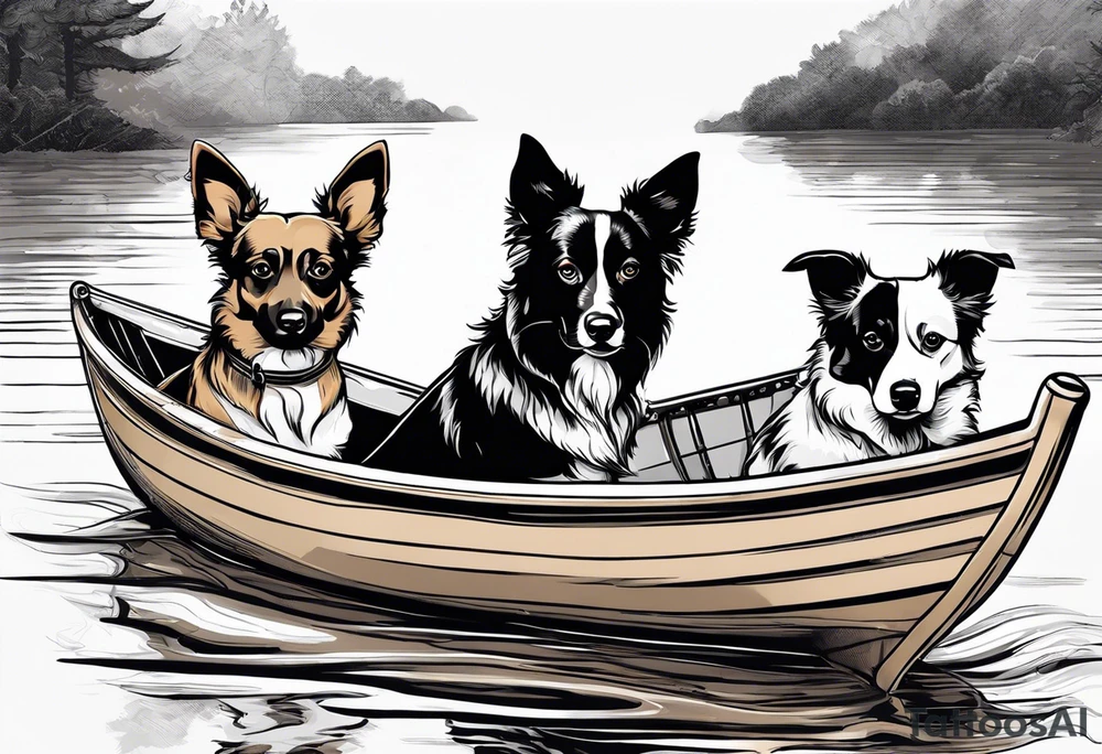 two dogs in a boat. One dog is tan with big ears like a chihuahua. The other dog is black and white and looks like an australian shepherd with floppy ears tattoo idea