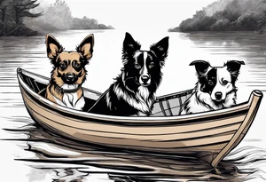 two dogs in a boat. One dog is tan with big ears like a chihuahua. The other dog is black and white and looks like an australian shepherd with floppy ears tattoo idea