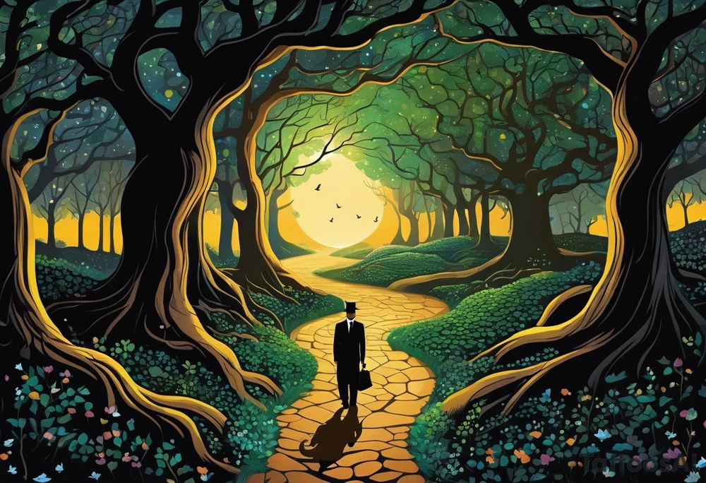 A winding uneven stone path, either side is mystical looking flora and tree roots, the path ends in a bundle of treee roots that turn into a galaxy. walking the path is a black sillouette of a man in a suit with a cat walking next to him, spread out randomly along the design are three other cat silhouettes hiding in the borders. at the very end of the path is a black silhouette of a woman in a dress holding an umbrella facing to her left.

this needs to work as a full sleeve tattoo tattoo idea