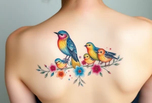 Mom bird and three baby birds with flowers tattoo idea