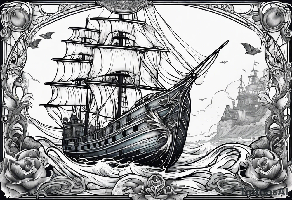 mermaid swimming next to a ghost ship tattoo idea