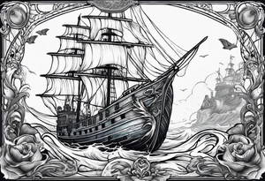 mermaid swimming next to a ghost ship tattoo idea