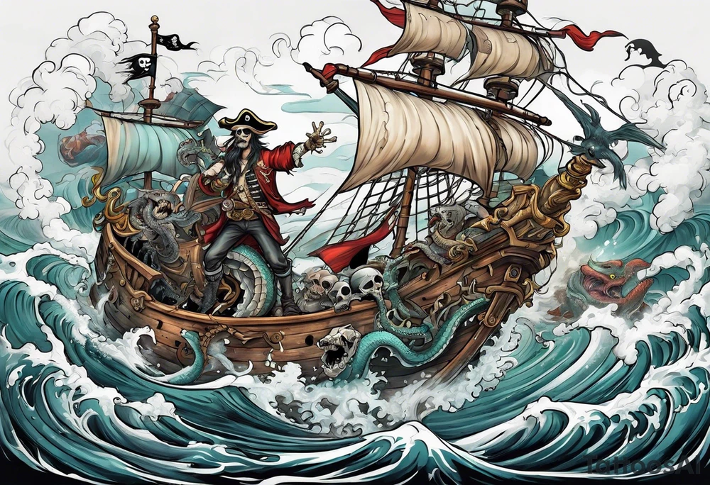 skeleton pirates fighting a sea serpent tattoo idea