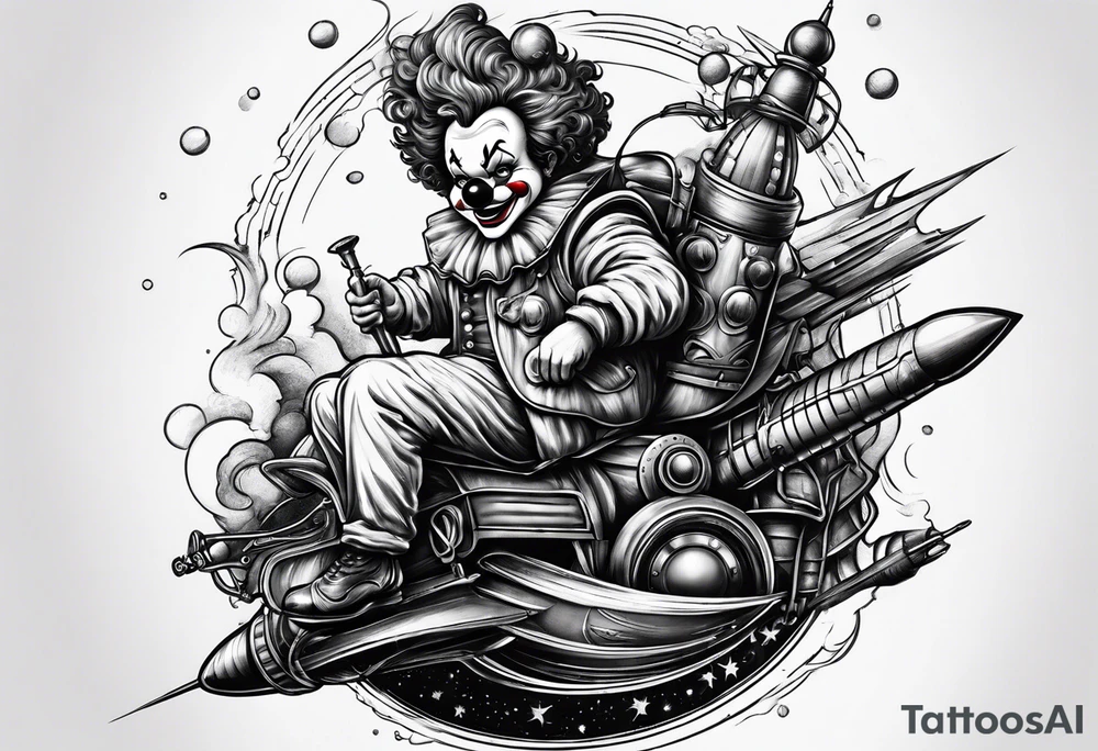 Draw a clown riding a rocket tattoo idea