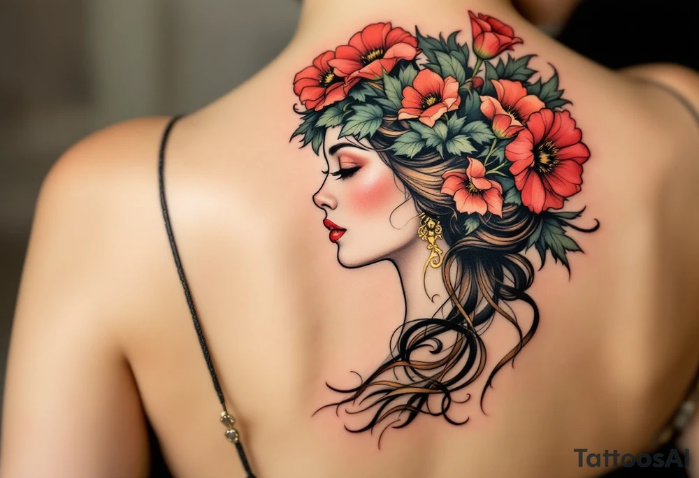 Alfons Mucha’s elegant profile of a woman crowned with crimson poppies and pale green leaves, with golden decorative scrollwork. tattoo idea