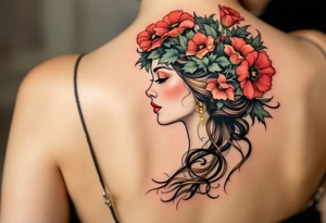 Alfons Mucha’s elegant profile of a woman crowned with crimson poppies and pale green leaves, with golden decorative scrollwork. tattoo idea