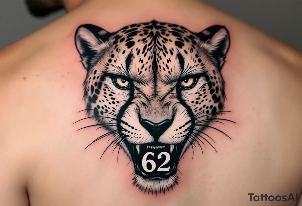 angry cheetah with the number 62 in its mouth tattoo idea