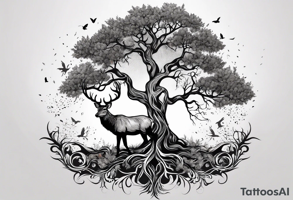 tree of life with root drawing a deer tattoo idea