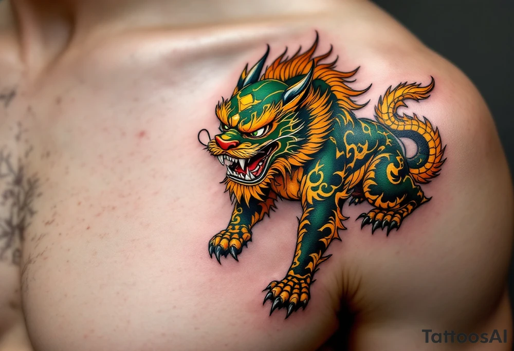 A shishi (lion dog guardian) in bold green and gold crouched protectively with a snarl. tattoo idea