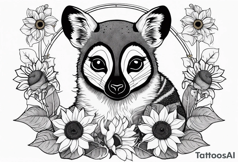 A lemur holding a sunflower with a bee circling tattoo idea