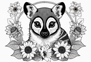 A lemur holding a sunflower with a bee circling tattoo idea