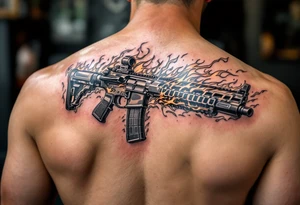 American traditional tattoo of Sig sauer p365 macro with flames and a chain border tattoo idea