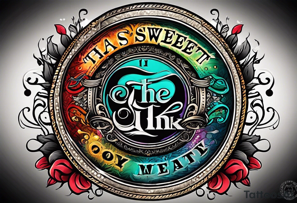 bold, colorful, includes the words "The Sweet Ink", in a circle design tattoo idea