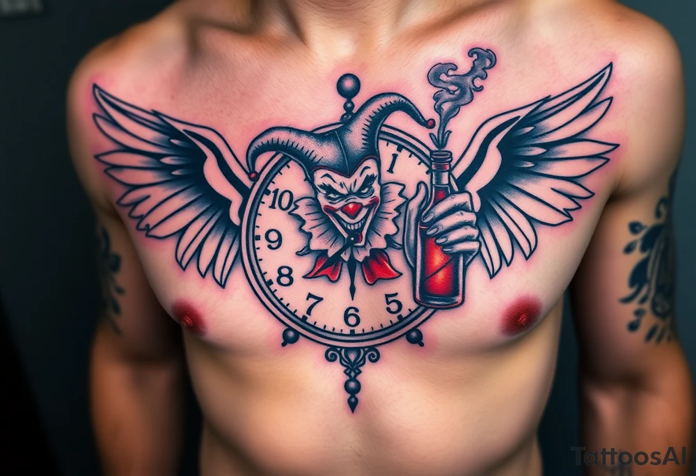 a evil jester clown floating in smoke with a  clock, the time says 420,  with two open wings besides the clock, smoke as the spring rising from the clock, a jester clown coming out the smoke, smoking in one hand with a liquor bottle on the other hand tattoo idea