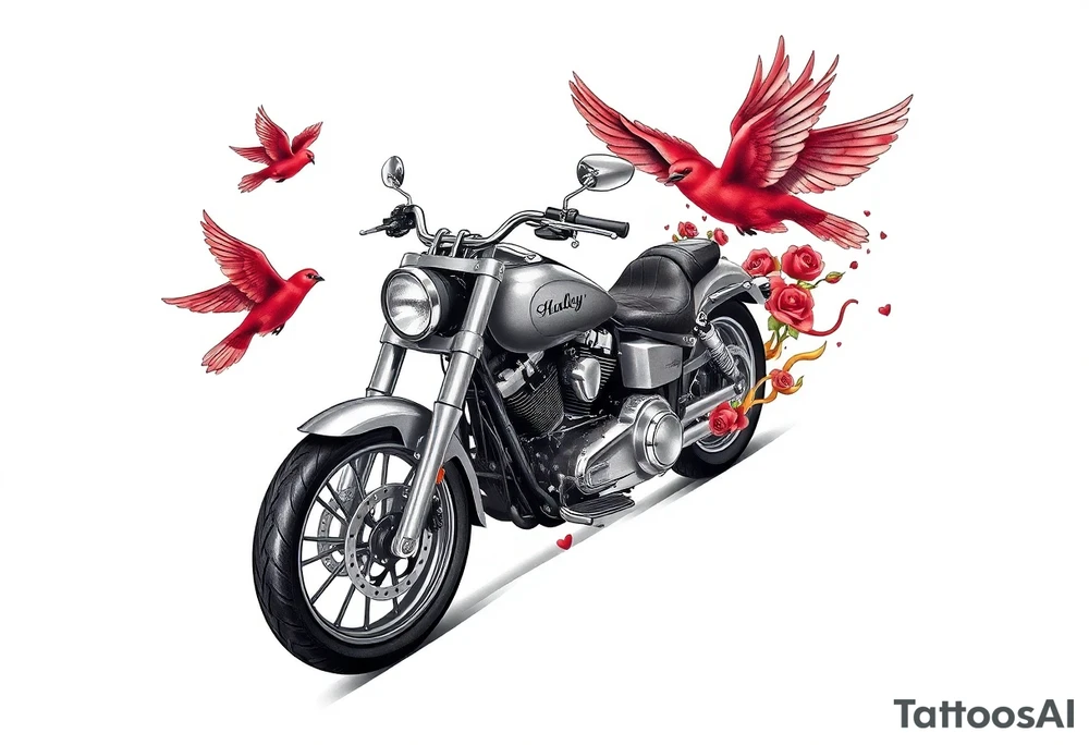 Harley grey motorcycle driving away, two red birds flying, roses, flames, angel wings tattoo idea