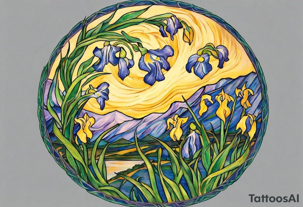 Create a colorful Vincent van Gogh's Irises tattoo, with vines in Celtic knots gracefully holding mountains in a wreath. The intended placement is on the upper chest. The overall design should be small in size while maintaining a delicate and artistic aesthetic. Pay attention to the graceful flow of the vines and the placement of the irises to achieve a refined and elegant look. tattoo idea