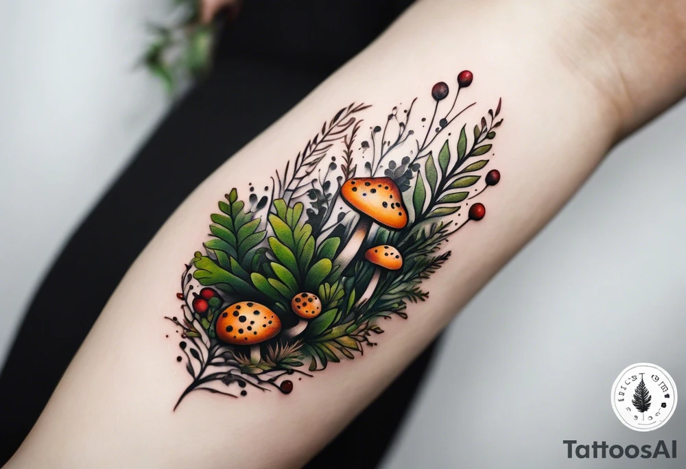 minimalistic forest floor inspired tattoo, which includes grass, moss, curly ferns and dead leaves as the bulk of the tattoo. details to include: forest berries, couple of very small brown mushrooms, a tiny bumblebee flying nearby tattoo idea