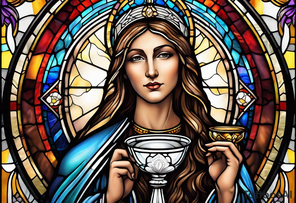holy saint woman with halo stained glass holding a chalice tattoo idea