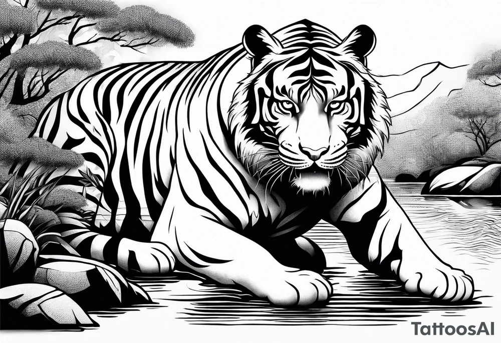 minimalist tiger crouching near water tattoo idea